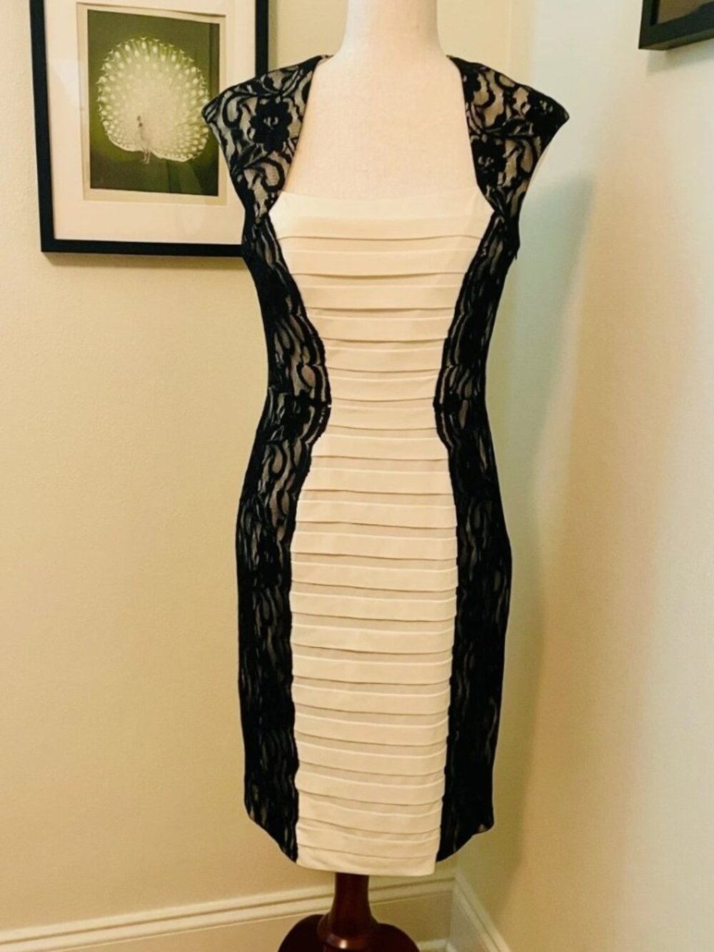 JAX Black Ivory Lace Colorblock Ruched Bodycon Cocktail Dress Size 8